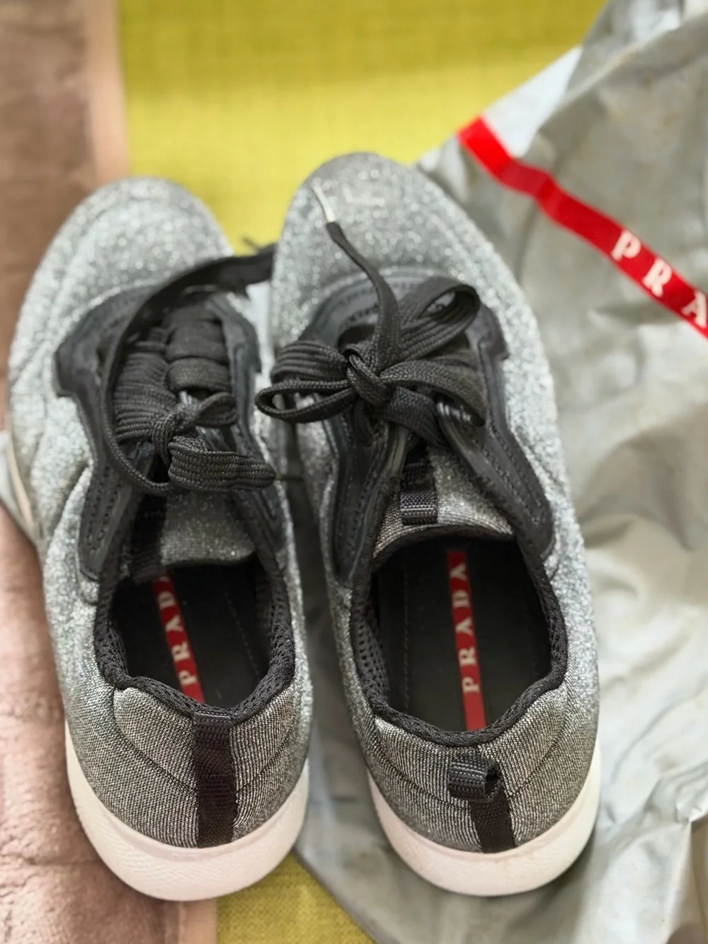 Prada Silver Glitter and Black Lace-Up Sneakers